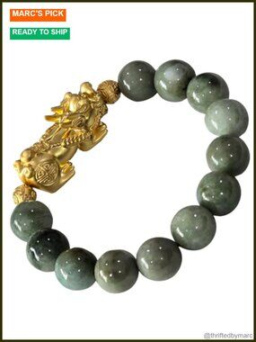 Natural Green Jade Bead Bracelet 13.8mm Gold-Tone Dragon Charm Stretch
